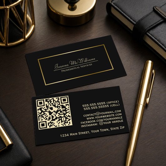 Elegante zwarte en gouden professionele QR-code Visitekaartje