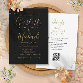 Elegante zwarte en gouden QR-code trouwkaart Kaart