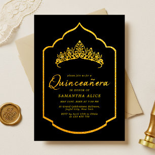 Elegante Zwarte en Gouden Quinceanera Kroon Kaart