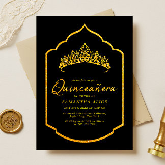 Elegante Zwarte en Gouden Quinceanera Kroon Kaart