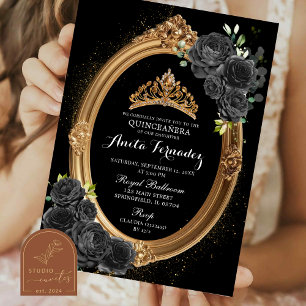 Elegante zwarte en gouden Quinceanera uitnodiging