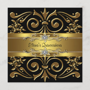 Elegante zwarte en gouden Quinceanera-uitnodiginge Kaart