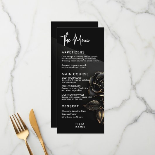 Elegante Zwarte en Gouden Roos Bruiloft Menu (Voorkant / Achterkant in situ)