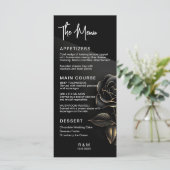 Elegante Zwarte en Gouden Roos Bruiloft Menu (Staand voorkant)