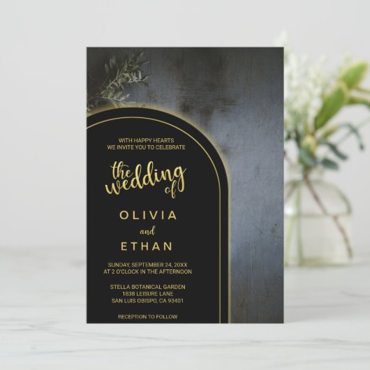 Elegante zwarte en gouden rustieke trouwuitnodigin kaart (Staand voorkant)