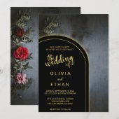 Elegante zwarte en gouden rustieke trouwuitnodigin kaart (Voorkant / Achterkant)