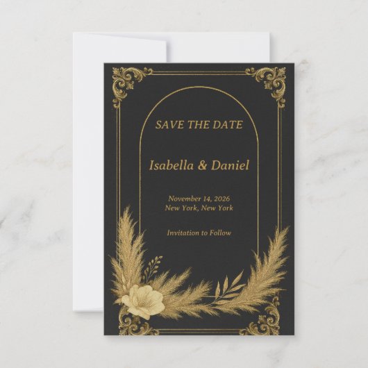 Elegante zwarte en gouden Save the Date-kaart Date (Voorkant)