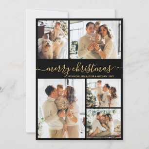 Elegante Zwarte en Gouden Script 5 Foto Kerstmis Feestdagenkaart
