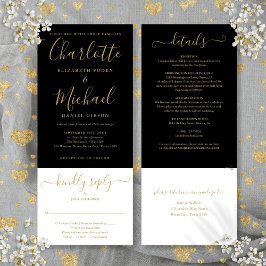Elegante Zwarte En Gouden Script Alles In Eén Trou Kaart