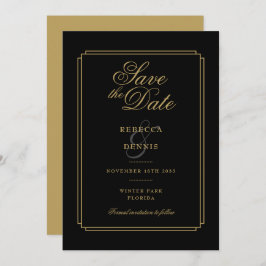 Elegante zwarte en gouden script Art Deco-huwelijk Save The Date