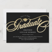 Elegante zwarte en gouden script foto afstuderen kaart (Voorkant)
