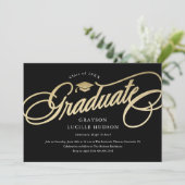 Elegante zwarte en gouden script foto afstuderen kaart (Staand voorkant)