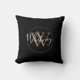 Elegante Zwarte en Gouden Script Monogram Naam Kussen