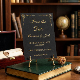 Elegante Zwarte en Gouden Sierlijke Bloem Save The Date