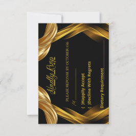 Elegante Zwarte en Gouden Sierlijke Huwelijks RSVP Kaartje