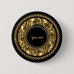 Elegante Zwarte en Gouden Sierlijke Sjabloon Ronde Button 5,7 Cm