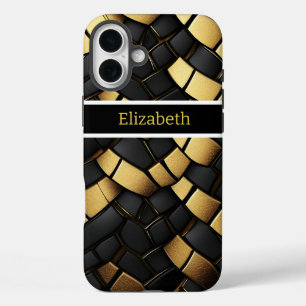 Elegante zwarte en gouden slangenhuidpatroon textu iPhone 16 plus hoesje