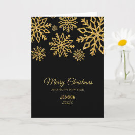Elegante zwarte en gouden sneeuwvlokken Kerstnaam Kaart