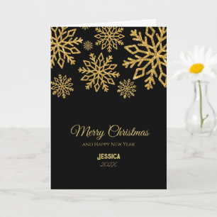 Elegante zwarte en gouden sneeuwvlokken Kerstnaam Kaart