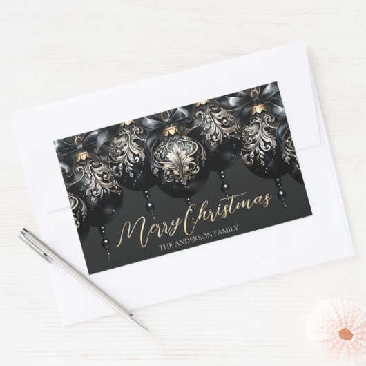 Elegante zwarte en gouden snuisterijen luxe kerst rechthoekige sticker (Envelop)