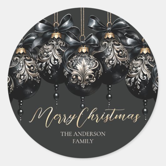 Elegante zwarte en gouden snuisterijen luxe kerst ronde sticker (Voorkant)
