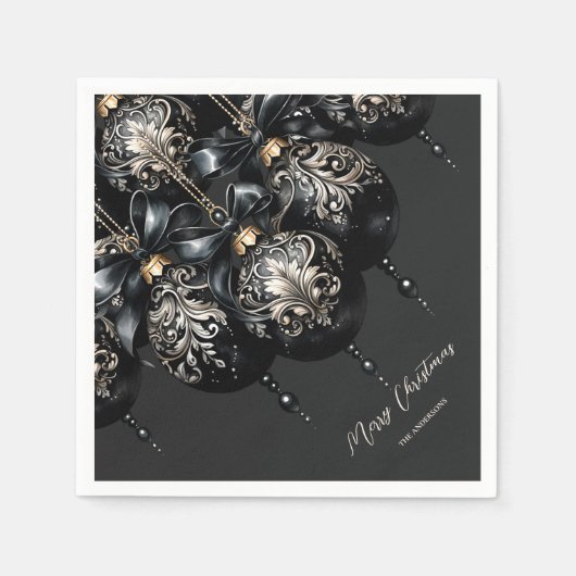 Elegante zwarte en gouden snuisterijen luxe kerst servet (Voorkant)