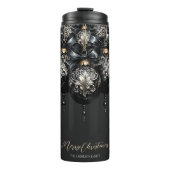 Elegante zwarte en gouden snuisterijen luxe kerst thermosbeker (Voorkant)