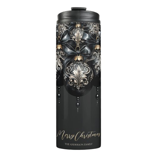 Elegante zwarte en gouden snuisterijen luxe kerst thermosbeker (Voorkant)