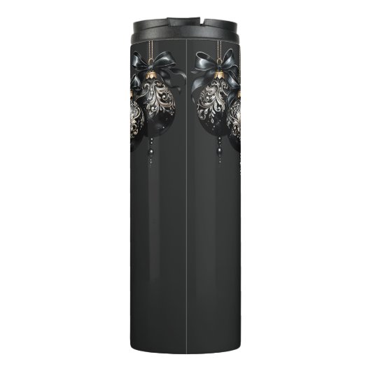 Elegante zwarte en gouden snuisterijen luxe kerst thermosbeker (Achterkant)