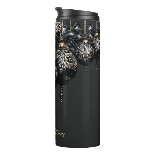 Elegante zwarte en gouden snuisterijen luxe kerst thermosbeker (Geroteerd rechts)