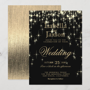 Elegante Zwarte en Gouden Starlights Bruiloft Kaart
