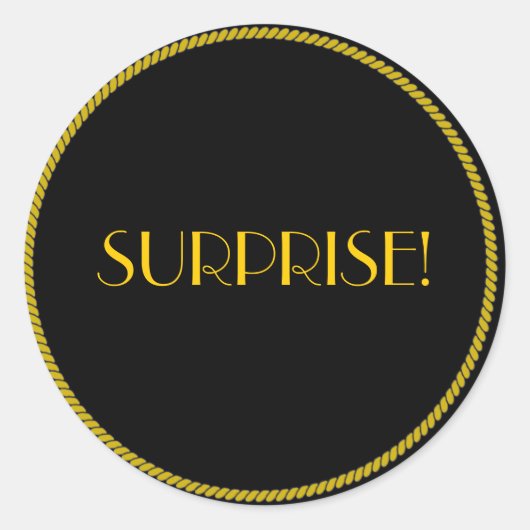 Elegante Zwarte en Gouden SURPRISE! Ronde Sticker (Voorkant)