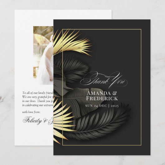 Elegante zwarte en gouden tropische bladeren bruil bedankkaart (Voorkant / Achterkant)