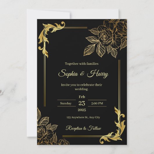 Elegante zwarte en gouden trouw kaart (Voorkant)