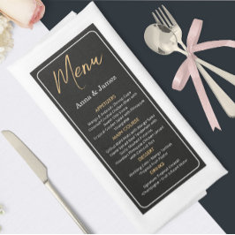 Elegante Zwarte en Gouden Trouwmenu Kaart