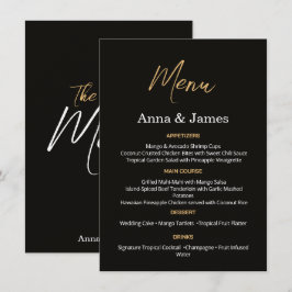 Elegante Zwarte en Gouden Trouwmenu Kaart