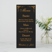 Elegante zwarte en gouden trouwmenu menu (Staand voorkant)