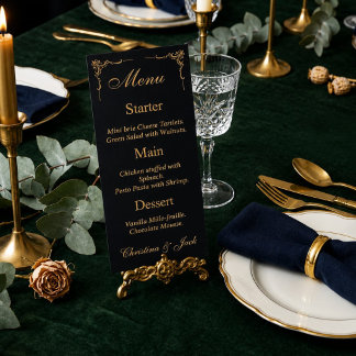 Elegante zwarte en gouden trouwmenu menu