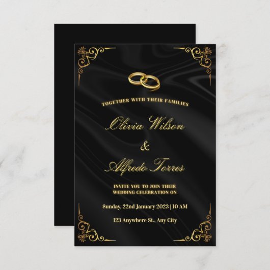 Elegante zwarte en gouden trouwuitnodiging informatiekaartje (Voorkant / Achterkant)