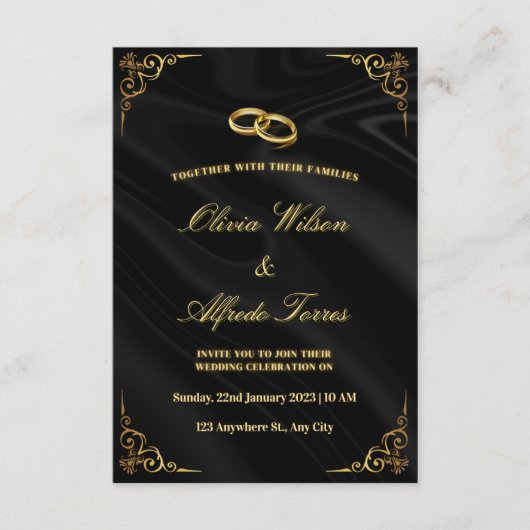 Elegante zwarte en gouden trouwuitnodiging informatiekaartje (Voorkant)