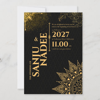 Elegante zwarte en gouden trouwuitnodiging kaart