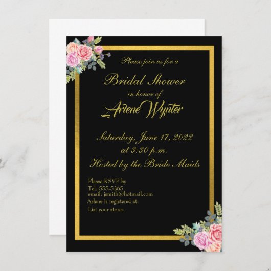 Elegante zwarte en gouden uitnodiging (Voorkant / Achterkant)