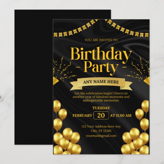 Elegante zwarte en gouden verjaardag uitnodiging | (Voorkant / Achterkant)