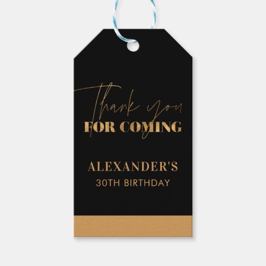 Elegante zwarte en gouden verjaardagsbedankjes cadeaulabel (Voorkant)