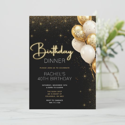 Elegante zwarte en gouden verjaardagsdiner uitnodi kaart (Staand voorkant)