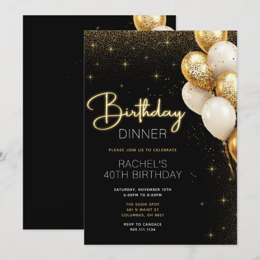 Elegante zwarte en gouden verjaardagsdiner uitnodi kaart (Voorkant / Achterkant)