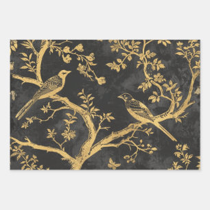 Elegante zwarte en gouden vogels inpakpapier vel