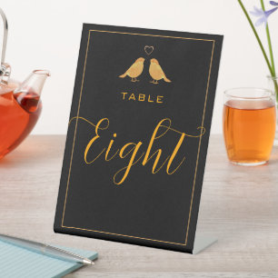 Elegante Zwarte en Gouden Vogels Tafel Nummer Acht Reclamebord Met Voetstuk