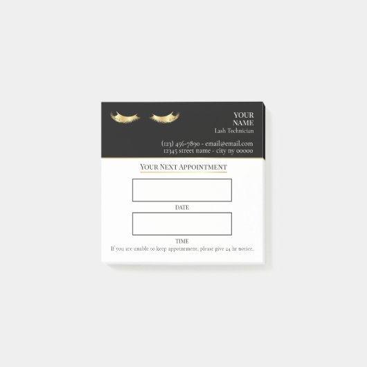 Elegante zwarte en gouden wimperafspraak post-it® notes (Voorkant)