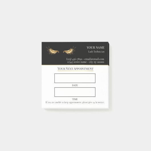 Elegante zwarte en gouden wimperafspraak post-it® notes (Voorkant)